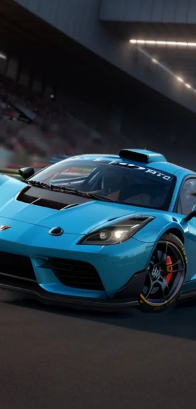 Blue sports car on race track with blurred background.