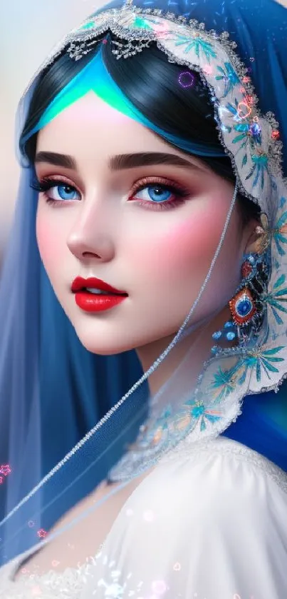 Elegant woman in blue veil portrait wallpaper.