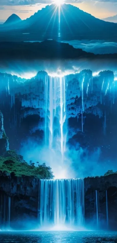 Surreal blue waterfall with glowing mountain in vibrant wallpaper.