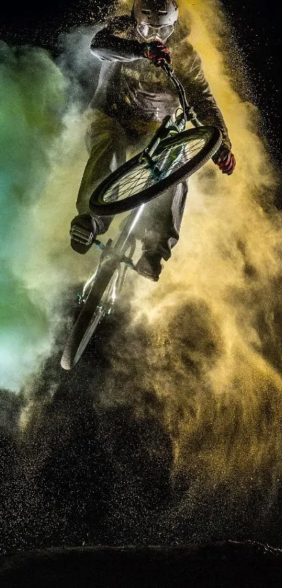 BMX cyclist in mid-air with vibrant colors.