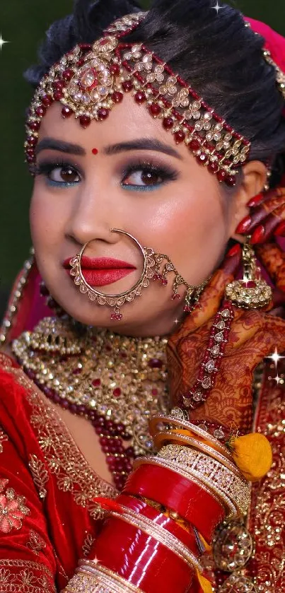 Indian bride in red attire with traditional jewelry, posing elegantly.