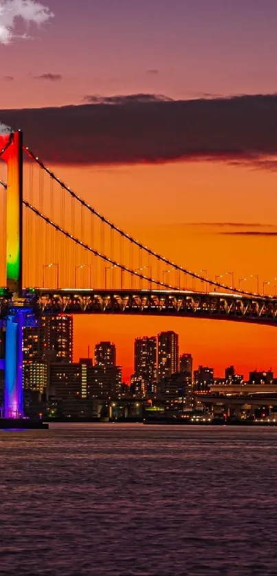 A vibrant city bridge illuminated against a sunset sky.