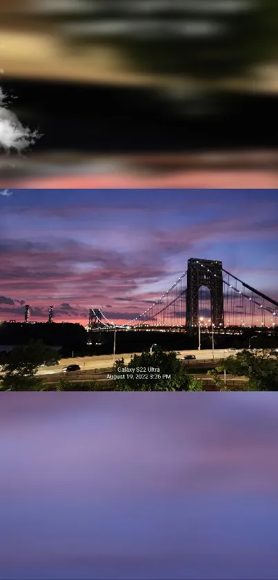 Mobile wallpaper of a bridge at sunset with purple skies.