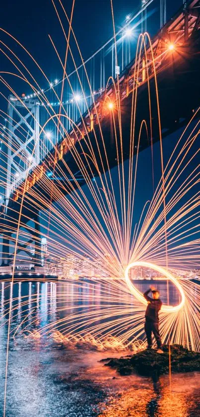 Person creating light art under a bridge at night.