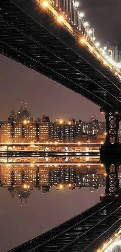 Night city skyline with bridge reflection.