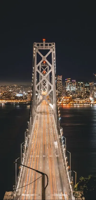 Nighttime bridge with city skyline reflections, perfect for mobile wallpaper.