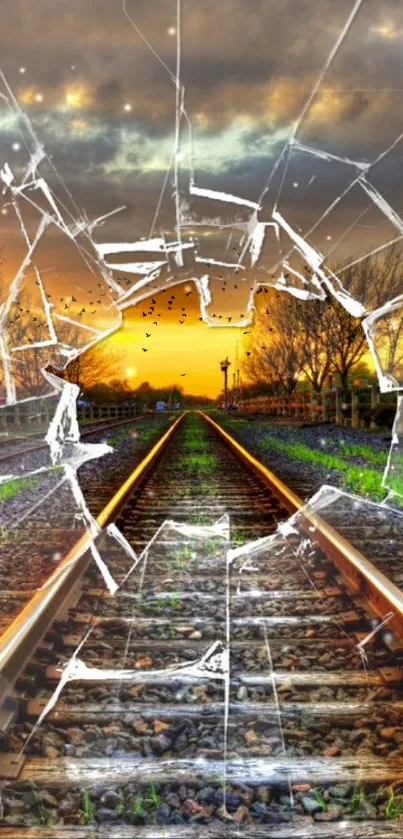 Dramatic sunset railway view through cracked glass.