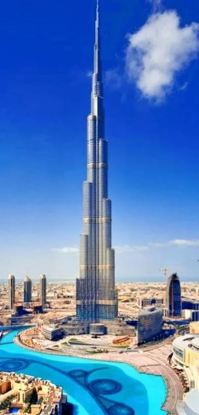 Burj Khalifa towering against a clear blue sky in Dubai.