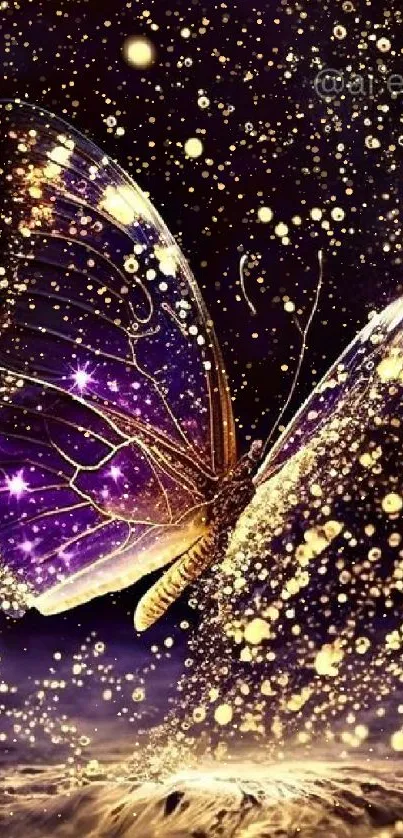 Glowing butterfly emanating magical purple and golden sparkles at night.