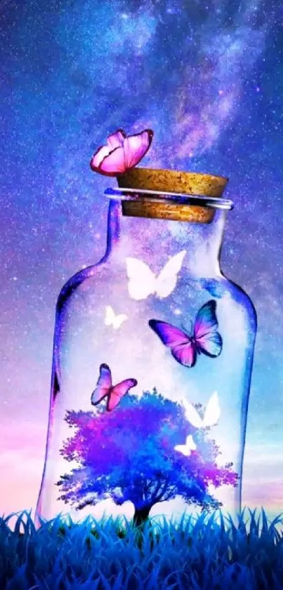 Magical butterfly-filled jar with galaxy background.