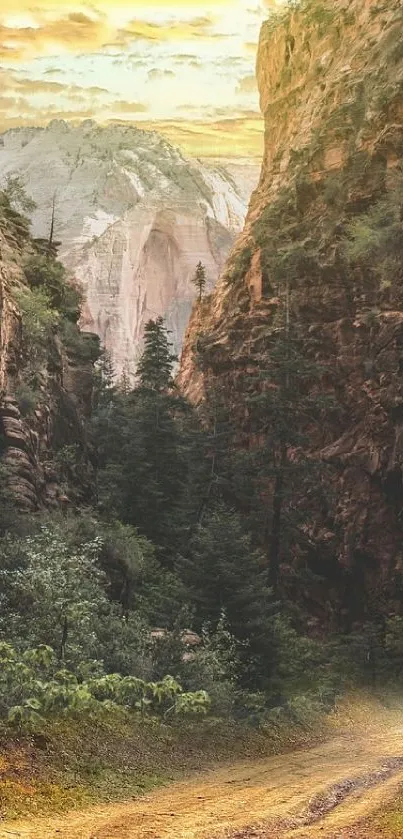 Scenic canyon landscape with earthy tones and lush greenery.