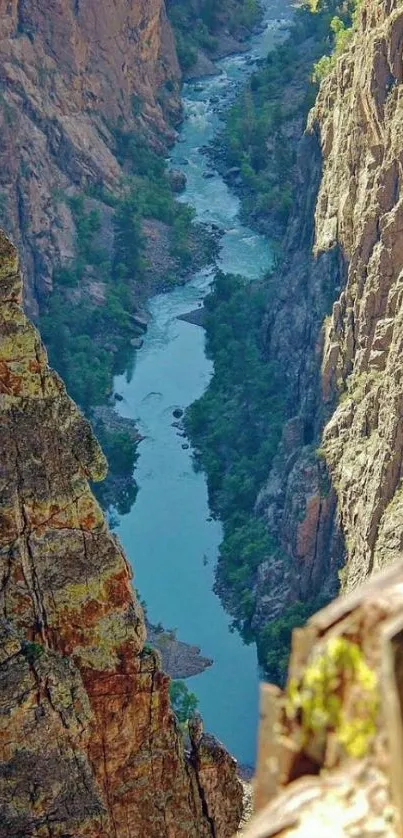 Majestic canyon with a flowing river and towering cliffs.