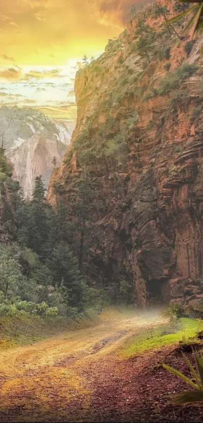 Canyon landscape at sunset with golden hues and lush greenery.