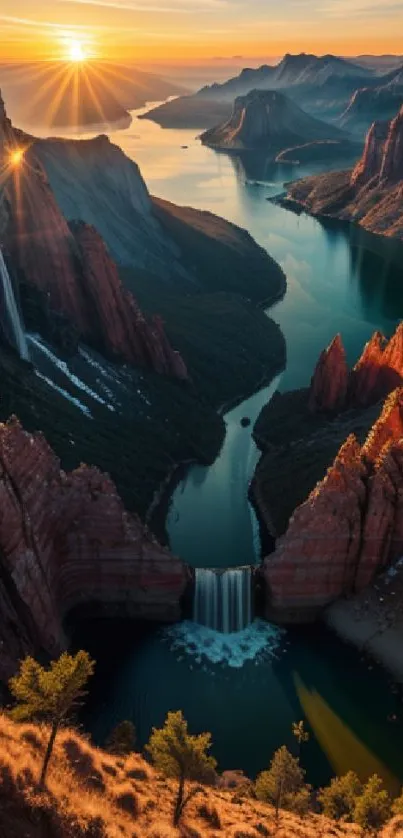 Canyon landscape at sunset with vibrant colors and a serene waterfall.