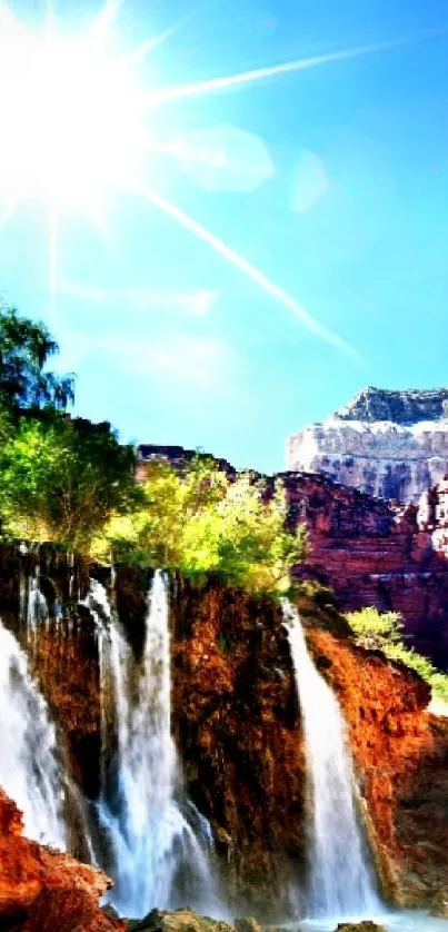 Beautiful blue sky with sunlight over a canyon waterfall.