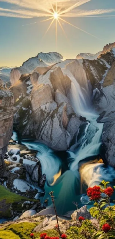 Stunning canyon with a cascading waterfall and a sunset sky.