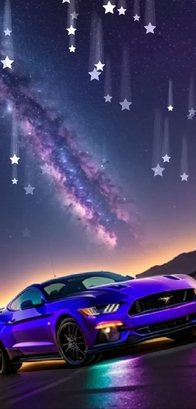 Sleek sports car under a vivid galaxy night sky with a purple hue.