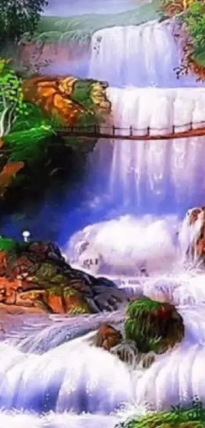 Beautiful painting of a cascading waterfall with lush greenery.