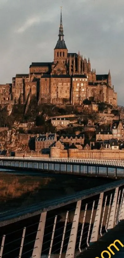 Majestic European castle at dusk framed with a scenic boardwalk.