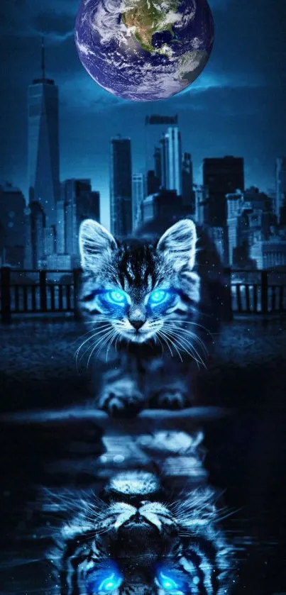 Blue-eyed cat with city skyline and reflection.