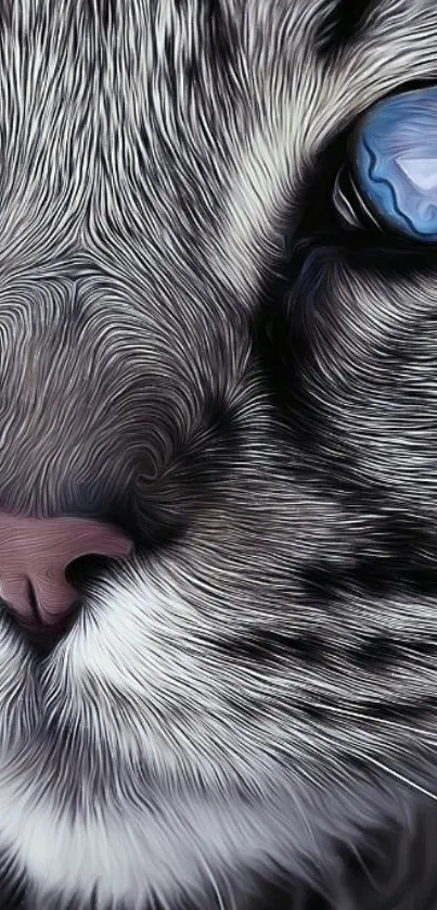 Close-up artwork of a cat's face with striking blue eyes.