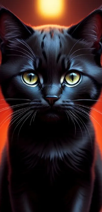 Black cat with glowing eyes against a vibrant orange background.