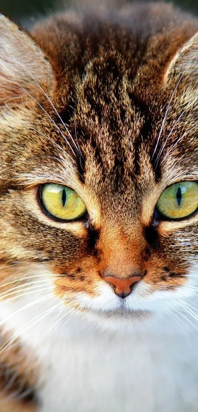 Close-up of a tabby cat with striking green eyes as mobile wallpaper.