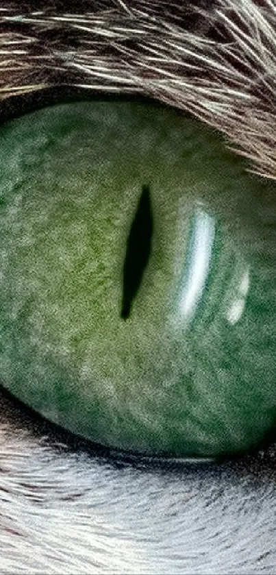 Close-up of a stunning cat eye with vivid green color and detailed fur texture.