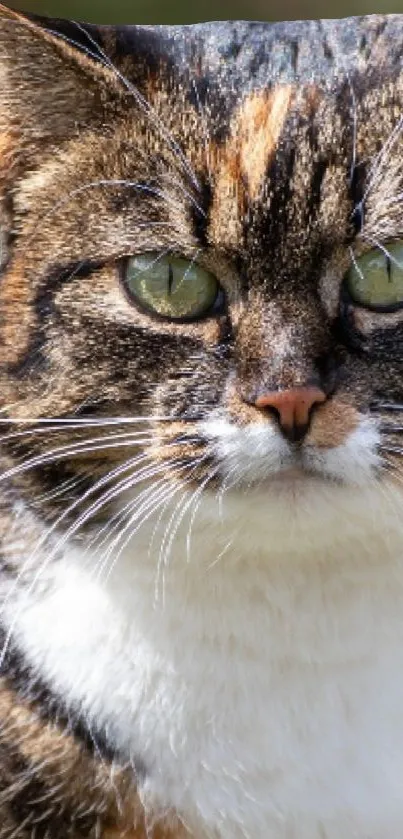 Close-up of a cat's face with vibrant brown fur and striking green eyes.