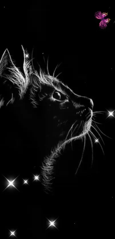 Black and white cat silhouette with stars and a purple butterfly.