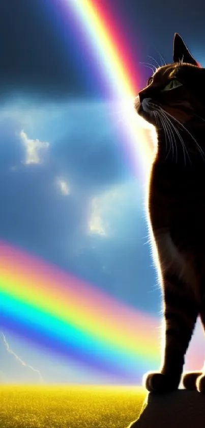 Silhouetted cat with rainbow against a vibrant blue sky.