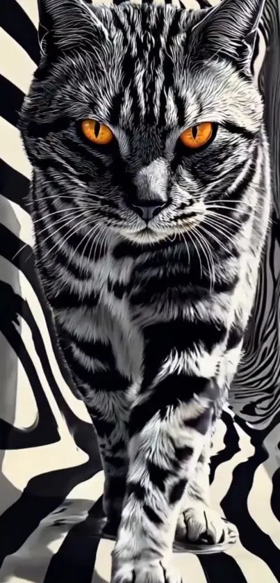 A cat with striking zebra patterns walks toward the camera.