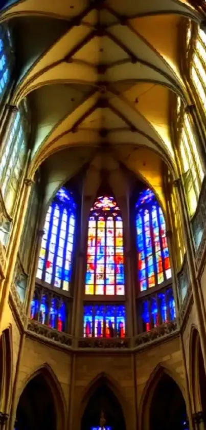 Cathedral interior with vibrant stained glass windows.