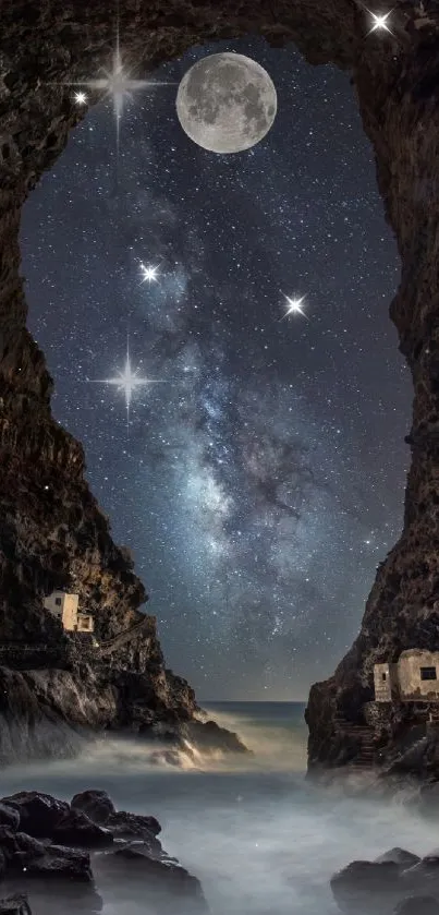 Moonlit cave opening to a starry night sky with the Milky Way.