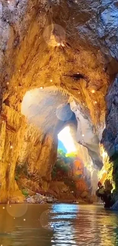 Golden cave waterfall with sunlight streaming through, creating a mesmerizing view.