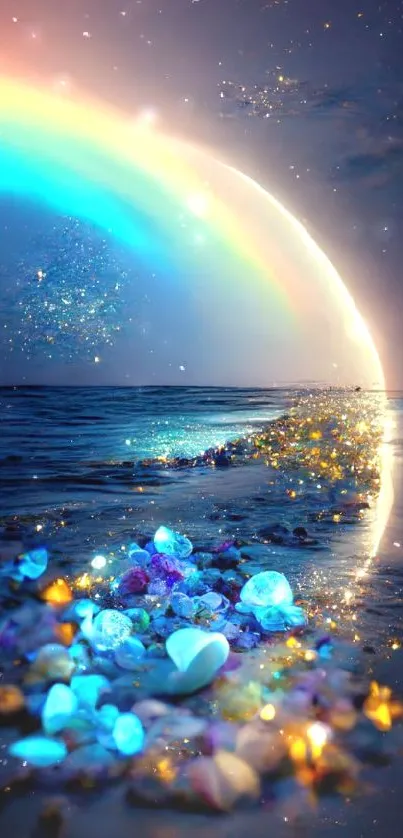 Celestial beach with rainbow and gems shining under a starry sky.