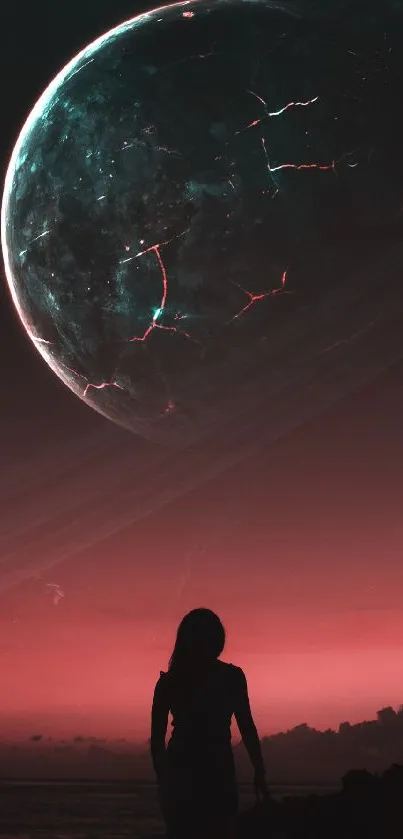 Silhouette under a glowing cracked planet in a surreal cosmic scene.