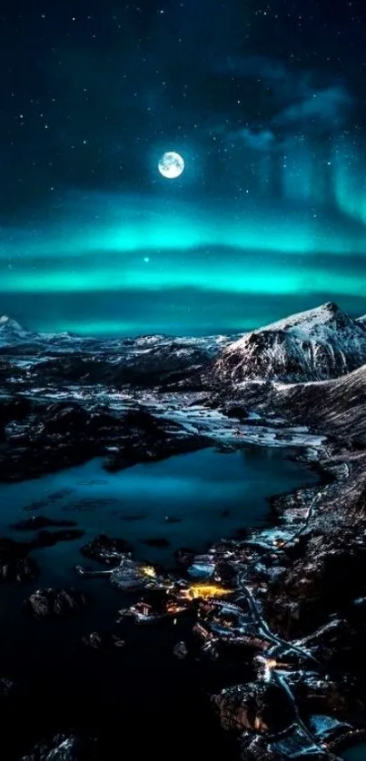 Emerald aurora over snow-capped mountains with a full moon.