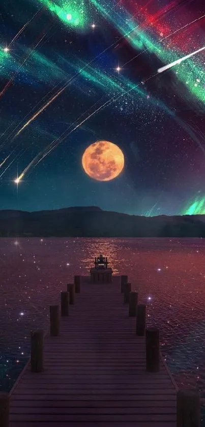 Colorful aurora lights over a lake at night with a full moon.