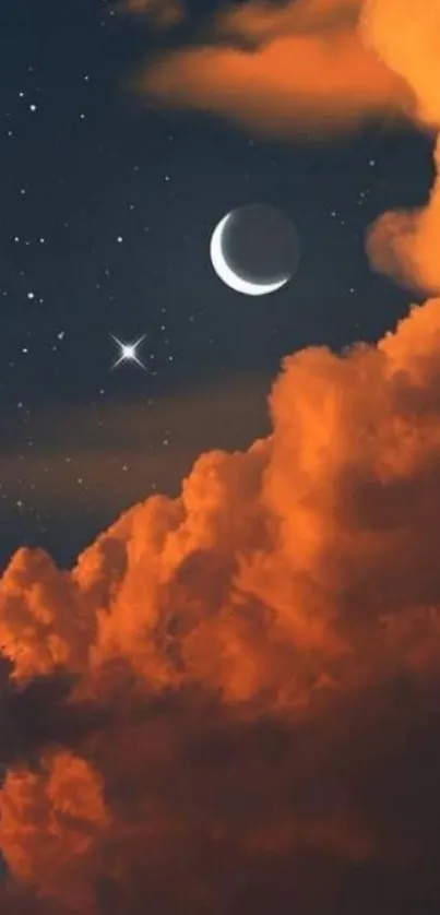 Crescent moon with orange clouds against a starry night sky.