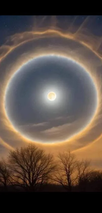 Mesmerizing halo in a night sky over trees.