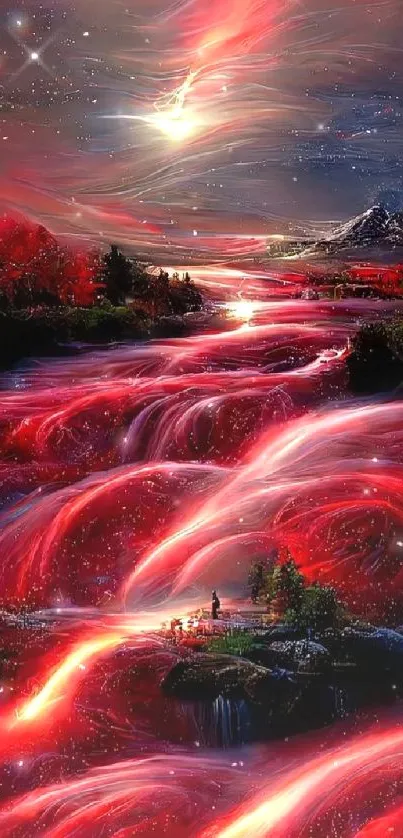 Crimson river flowing under a star-filled night sky with mountains.