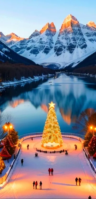 Lit Christmas tree with snowy mountain and river view.