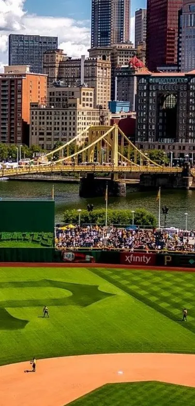 City skyline with baseball field view.