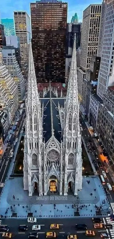 Aerial view of a cathedral surrounded by city skyscrapers at dusk.