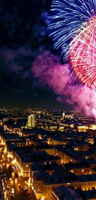 Colorful city fireworks illuminating the night sky.