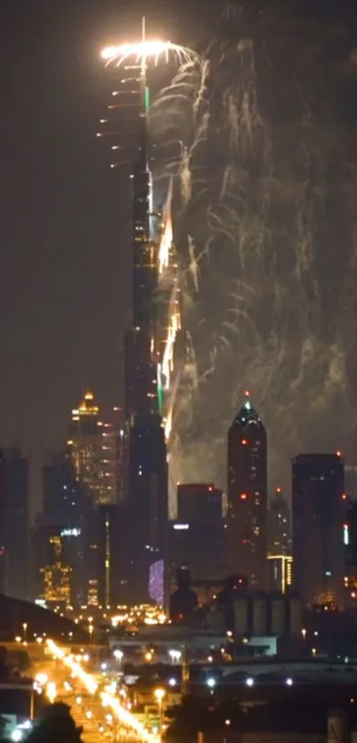 City skyline with fireworks lighting up the night sky.