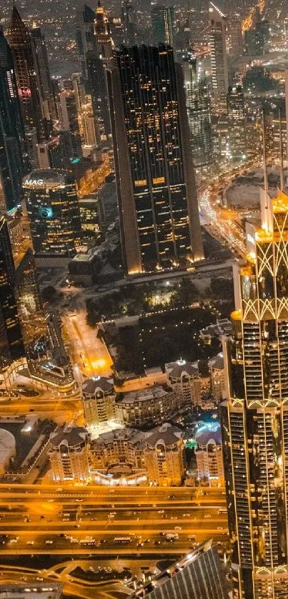 A mesmerizing cityscape at night with lit skyscrapers and glowing streets.