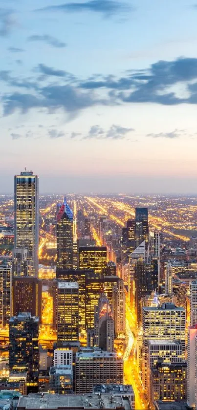 A vibrant city skyline at dusk with glowing lights and a serene sky.