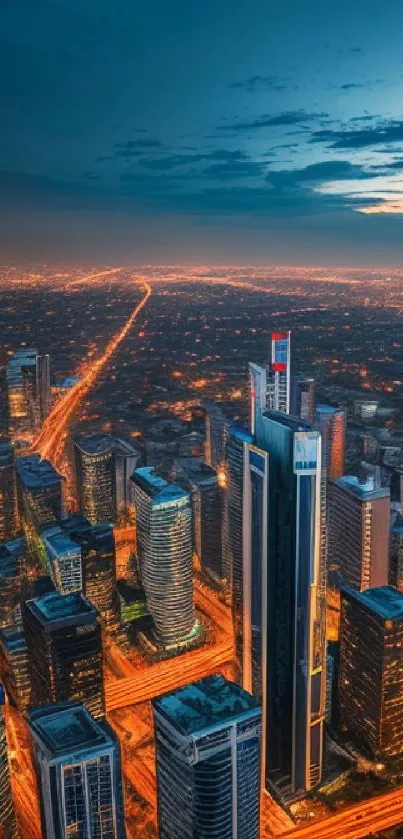 Breathtaking city skyline view at dusk with glowing skyscrapers.